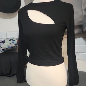 Fashion Nova Black Asymmetrical Cut-Out Long Sleeve Top